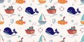 Summer marine seamless pattern with cute design for kids, whales and steamboats