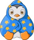 Cute penguin cartoon wearing blanket