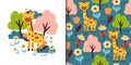 seamless pattern and card cartoon giraffe, flower and plant. cute animal card and pattern for gift wrap paper