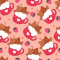 cute seamless pattern cartoon cat with cute dessert and strawberry. animal wallpaper for kids, textile Royalty Free Stock Photo