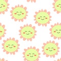 Cute flowers pattern, smile sunny face cartoon seamless background, vector illustration, wallpaper, textiles, bag, garment, Royalty Free Stock Photo