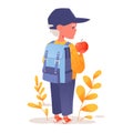 Child, little boy, schoolboy with backpack, holding apple in his hand. Royalty Free Stock Photo