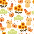 seamless pattern cartoon cat, chicken, butterfly with plant and flower. cute animal wallpaper for textile, gift wrap paper Royalty Free Stock Photo