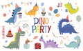 Dino Party collection with different types of dinosaurs in festive design