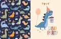 Dino party set with seamless pattern and greeting card, invitation card