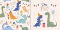 Dino party set with seamless pattern and greeting card