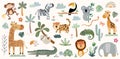 Safari animals and vegetation collection with cute elements isolated on white Royalty Free Stock Photo