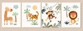 Safari posters, cards design with cute animals, baby kids nursery, decorative wall decor