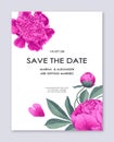 Postcard minimal design peony flowers, text template, save the date, wedding invitation.