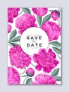 Vertical template with realistic pink Peony flowers and space for text.