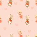 Seamless pattern of cartoon couple rabbits and flowers on pink background