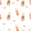 Seamless pattern of cartoon couple rabbits and flowers on white background for fabric prints