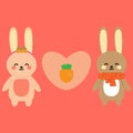 Cute cartoon cople rabbit and carrot, cute pink background, sticker, icon