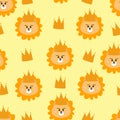 Seamless pattern of cute lion with a crown on his head for fabric prints, textiles