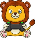 Cute lion cartoon gamer holding gamepad joystick