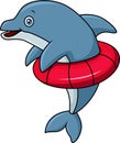 Cute dolphin cartoon with inflatable rubber ring Royalty Free Stock Photo