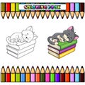 Cute cat cartoon sleeping on pile of books for coloring book