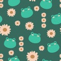 Cute frogs and cartoon flowers seamless pattern