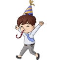 Cute little boy cartoon celebrating with party horn