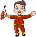 Cute chinese boy cartoon holding firecrackers Royalty Free Stock Photo