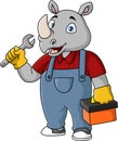 Cute rhino plumber cartoon with wrench