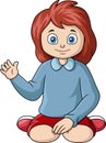 Cute little girl cartoon sitting and waving hand Royalty Free Stock Photo