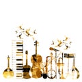 Goldenl music instruments background with hummingbirds. Royalty Free Stock Photo