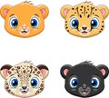 Cute animal face collection set. Lion, Tiger, Leopard and Jaguar Royalty Free Stock Photo