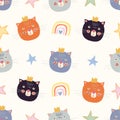 Childish seamless pattern with colorful cats, stars and rainbows