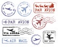Beautiful grungy old rubber post stamp By Air Mail with a plane vector set Royalty Free Stock Photo