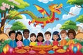 child having a birthday party and on top of it there is a dragon kite Royalty Free Stock Photo
