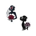 A silhouette of tow bride in a classic, elegant pose, holding a round bouquet of deep purple roses Royalty Free Stock Photo