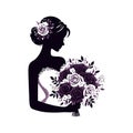 A silhouette of a bride in a classic, elegant pose, holding a round bouquet of deep purple roses Royalty Free Stock Photo