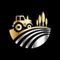 Agriculture tractor monochrome emblem on black background vector illustration. Royalty Free Stock Photo