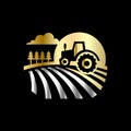Agriculture tractor monochrome emblem on black background vector illustration. Royalty Free Stock Photo