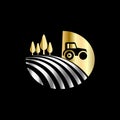 Agriculture tractor monochrome emblem on black background vector illustration. Royalty Free Stock Photo