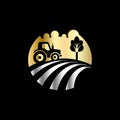 Agriculture tractor monochrome emblem on black background vector illustration. Royalty Free Stock Photo