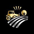 Agriculture tractor monochrome emblem on black background vector illustration. Royalty Free Stock Photo