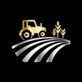 Agriculture tractor monochrome emblem on black background vector illustration. Royalty Free Stock Photo