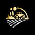 Agriculture tractor monochrome emblem on black background vector illustration. Royalty Free Stock Photo