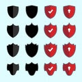 Shield check mark logo icon set. Safety icon set. Collection of Blank Shield Shape on cross soft blue background Royalty Free Stock Photo