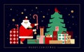 Christmas illustration in geometric minimalist style with Christmas tree multiple gift boxes and Santa. Royalty Free Stock Photo