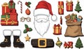 Santa face with gifts, toys, tree, ornaments, and festive accessories on white background Royalty Free Stock Photo
