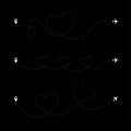 Set of Heart airplane. Plane with dashed line in heart shape, travel love Valentine day romantic concept Royalty Free Stock Photo