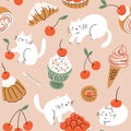 Vector cute food seamless pattern design. Stylized cakes, cats and cherry on light pink background. Royalty Free Stock Photo