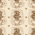 Seamless pattern with cup of coffee and lettering life happens coffee help. Royalty Free Stock Photo