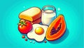 Colorful Healthy Breakfast Illustration with Fried Egg, Bread, Milk, and Papaya Royalty Free Stock Photo