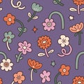 Abstract floral seamless pattern. Vector stylized simple naive flowers on biolet background. Royalty Free Stock Photo