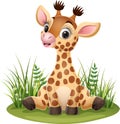 Cartoon little giraffe sitting in the grass