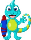 Cute chameleon cartoon holding a surfboard Royalty Free Stock Photo